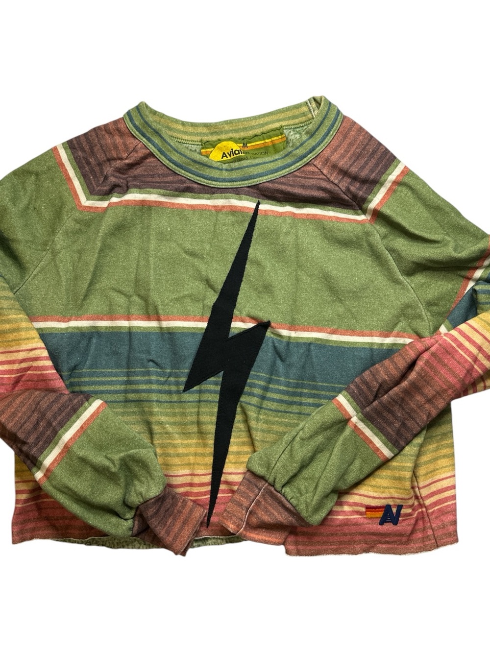 Aviator Nation Women’s Olive Multicolor Stripe Lightning Cropped Sweatshirt